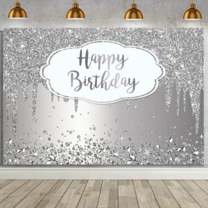 aibiin silver birthday backdrop for women girl silver theme birthday party decorations supplies silver happy birthday banner glitter crystal diamond printing fabric photo booth props 7x5ft