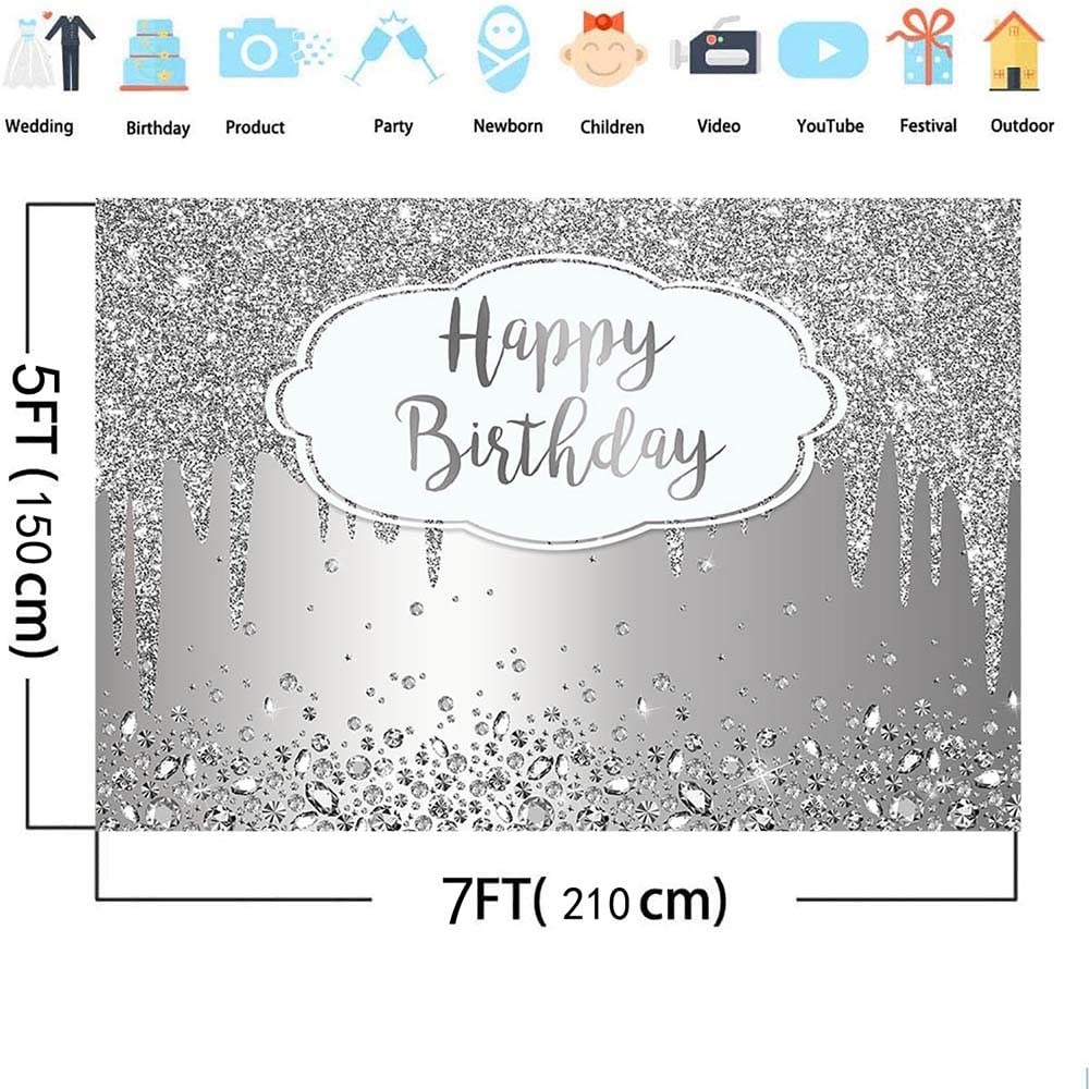 AIBIIN Silver Birthday Backdrop for Women Girl Silver Theme Birthday Party Decorations Supplies Silver Happy Birthday Banner Glitter Crystal Diamond Printing Fabric Photo Booth Props 7x5ft