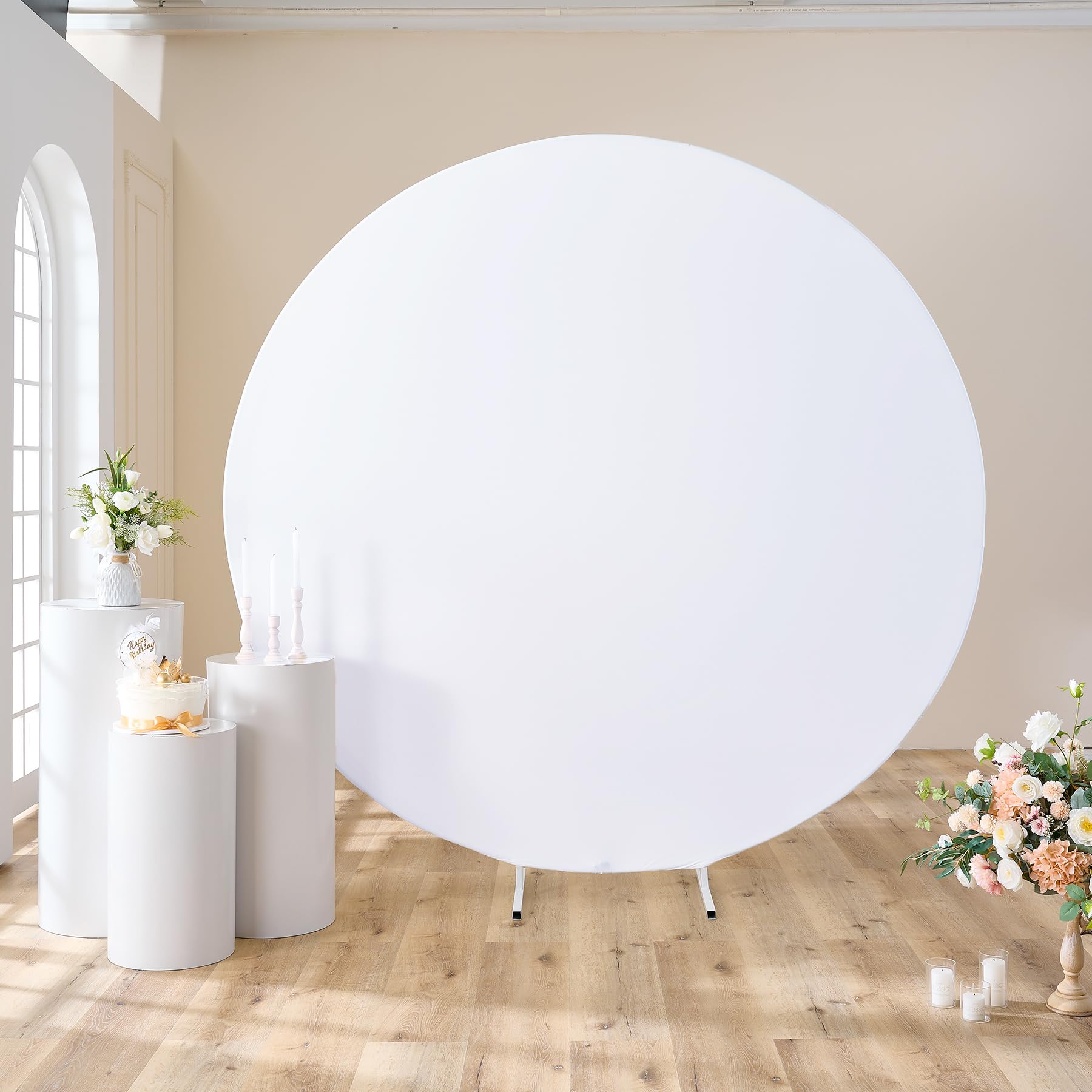 7.2ft Pure White Round Backdrop Cover for 7ft /7.2ft Circle Stand, Wrinkle Free Stretchy Circle Arch Round Backdrop Cover for Party Wedding Birthday Baby Shower Photography