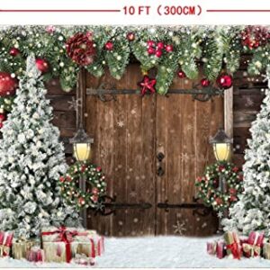 Lofaris Winter Christmas Backdrop Xmas Photography Backdrop Rustic Barn Wood Door Backdrop Xmas Tree Snow Gift Bell Kids Adult Family Supplies Banner Party Baby Shower Decoration Background 10x7ft