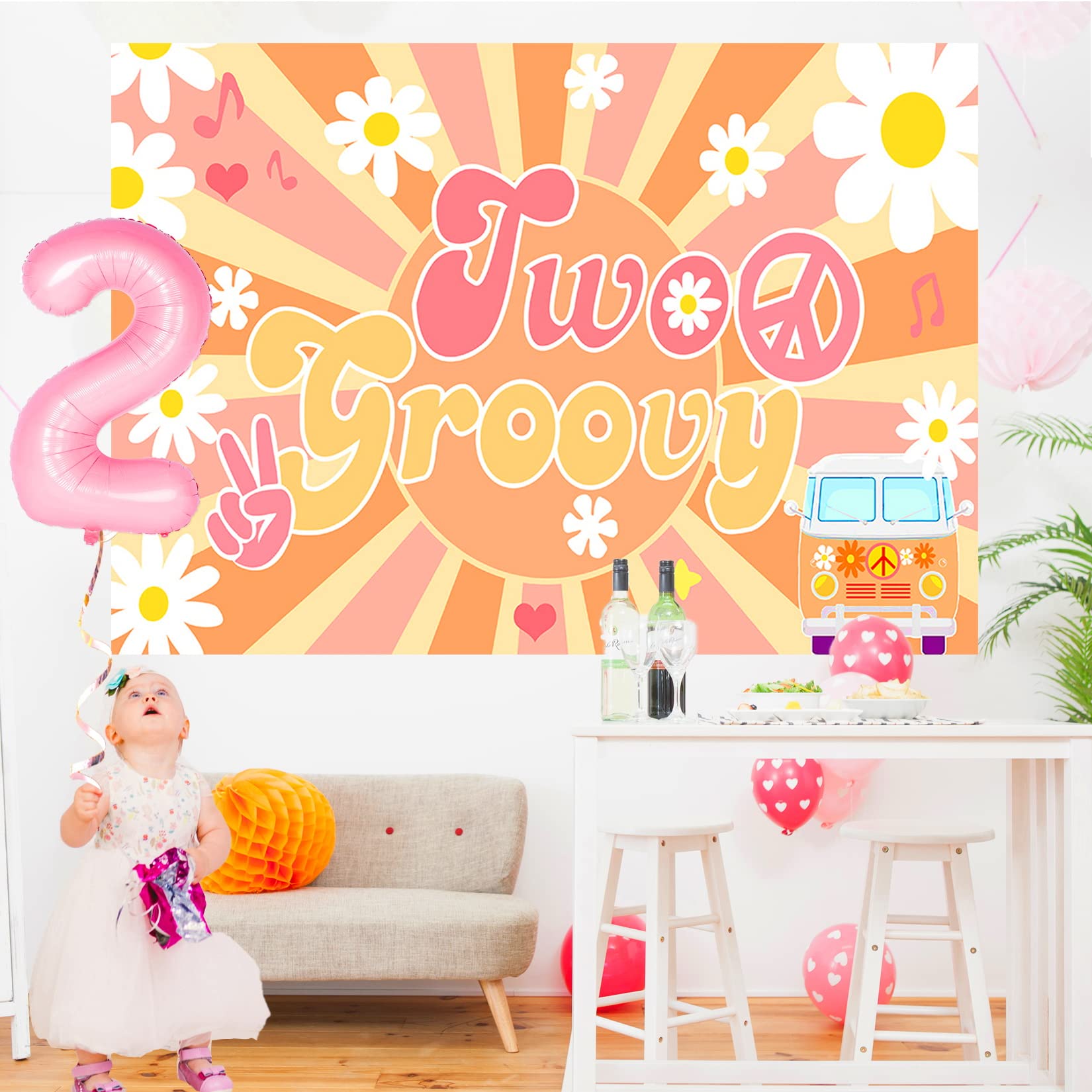Two Groovy Party Decorations, Two Groovy Birthday Decorations, Groovy Balloon Arch, Backdrop, Two Groovy Cake Topper for Hippie Second Birthday Party Decorations, Girl’s 2nd Birthday