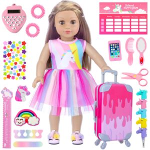 21pcs 18 Inch Doll Clothes and Accessories for Doll School Play Set Includes Suitcase, Clothes, Sticker, Class Schedule Card, Comb, Mirror, Eraser, Calculator, Nail File Buffer, Pencil, Ruler