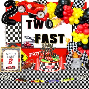 two fast birthday decorations, racing car theme 2nd birthday party decorations, two fast cake topper, tablecloth, balloons garland, two fast banner for two fast two curious birthday decorations