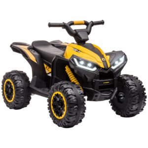 aosom 12v kids atv quad car with forward & backward function, four wheeler for kids with wear-resistant wheels, music, electric ride-on atv for toddlers ages 3+ years old, yellow