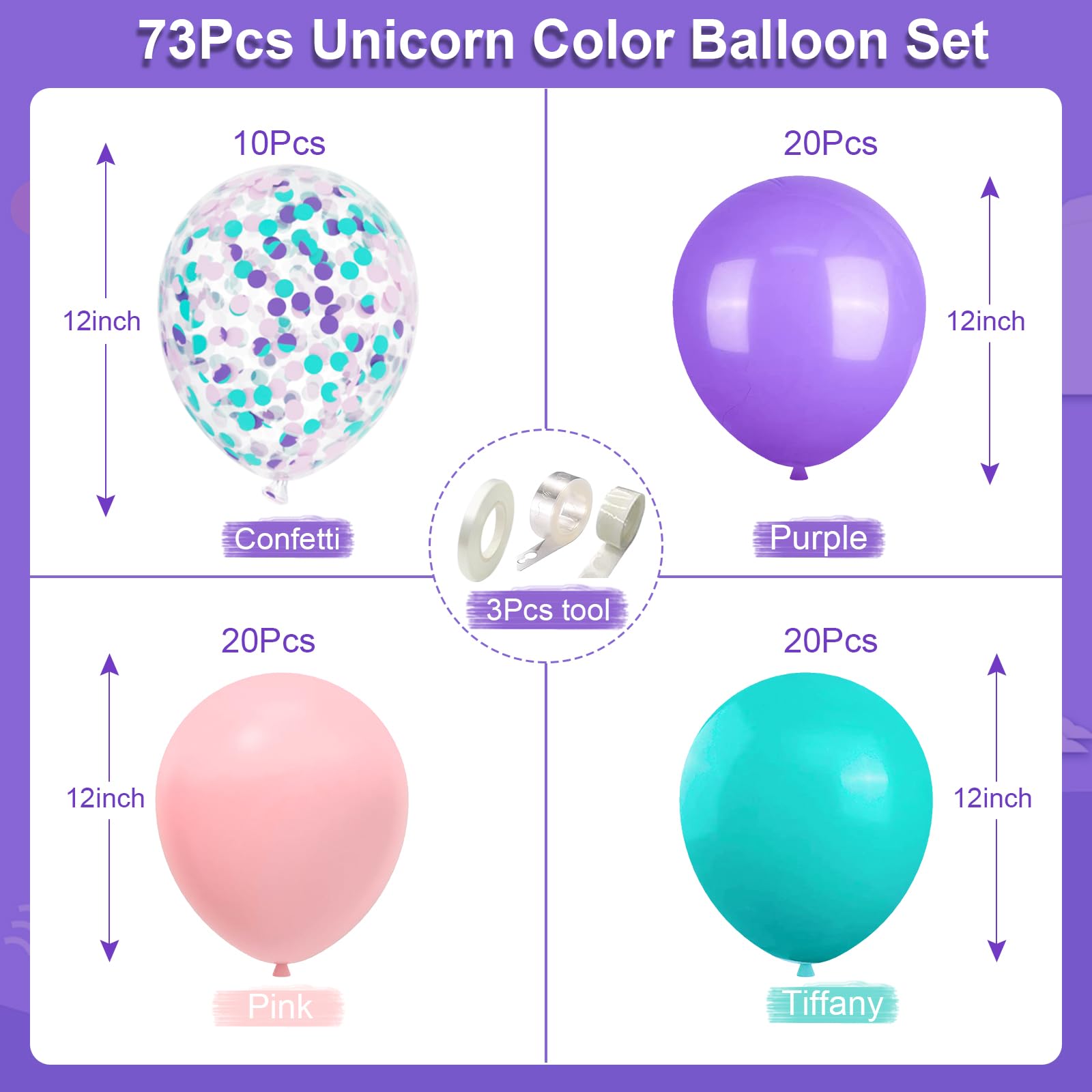 BBeiPulAs 73Pack Pink Purple Blue Balloons 12 Inch Pink Teal Purple Balloons Confetti Latex Balloons for Unicorn Themed Gabby Dollhouse Party Birthday Decorations