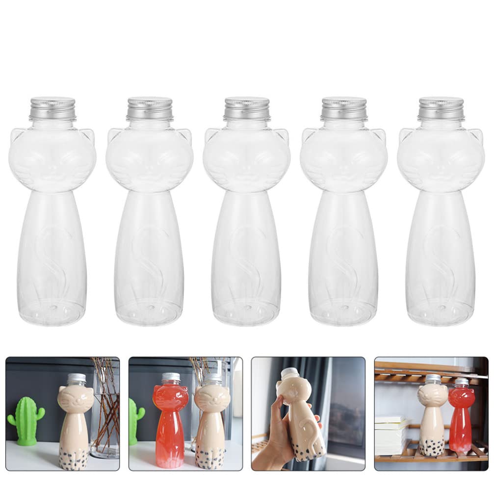 DOITOOL Reusable Bottles 5Pcs Clear Juice Bottles with Caps Cat Shaped Reusable Water Bottle Tea Container Empty Plastic Bottles for Juicing Smoothie Drinking and Other Beverages Smoothie Bottle