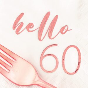 Crisky Rose Gold Hello 60 Cocktail Napkins for Women 60th Birthday Decorations, 3-Ply 60th Birthday Disposable Cake Beverage Dessert Napkins, 50 Pcs