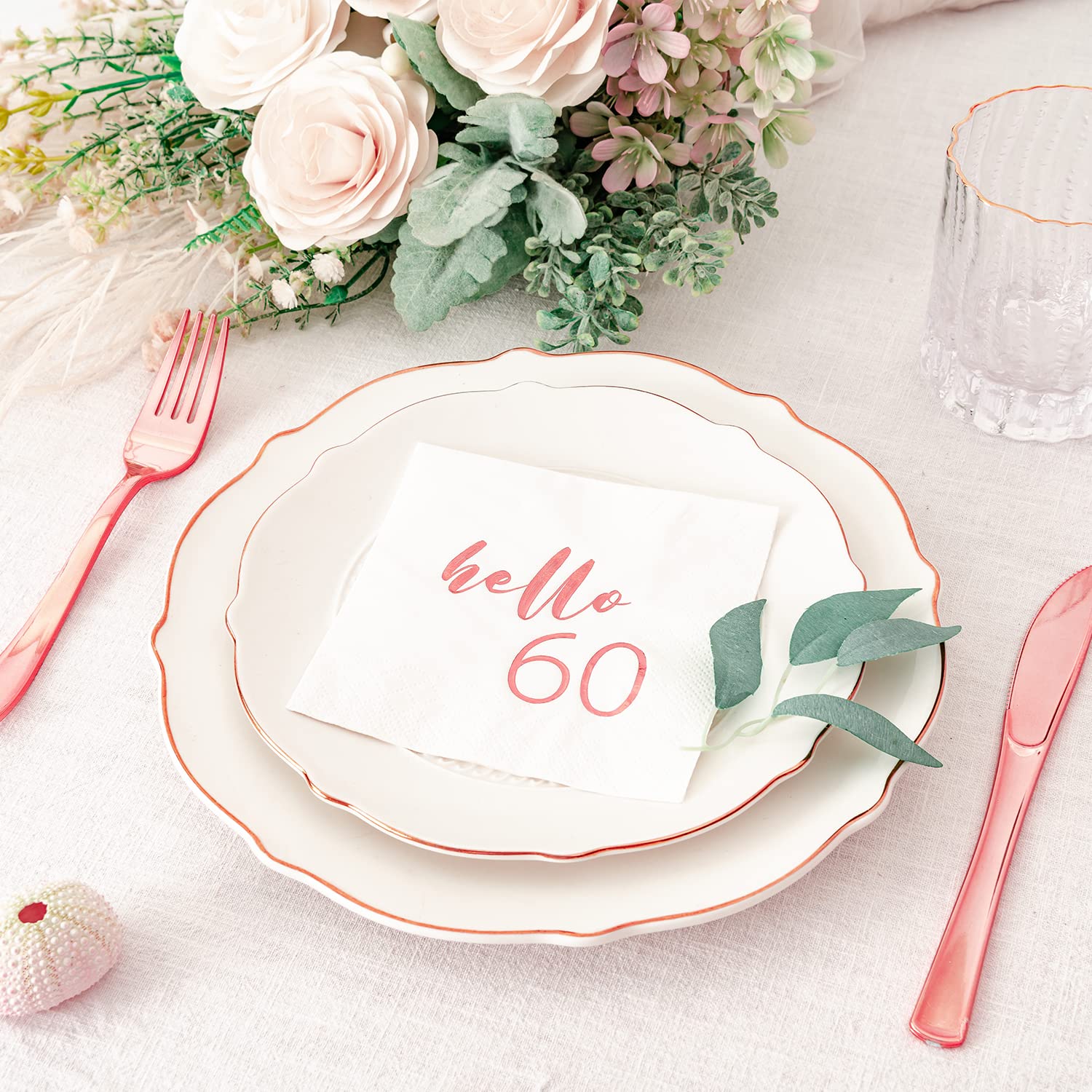 Crisky Rose Gold Hello 60 Cocktail Napkins for Women 60th Birthday Decorations, 3-Ply 60th Birthday Disposable Cake Beverage Dessert Napkins, 50 Pcs