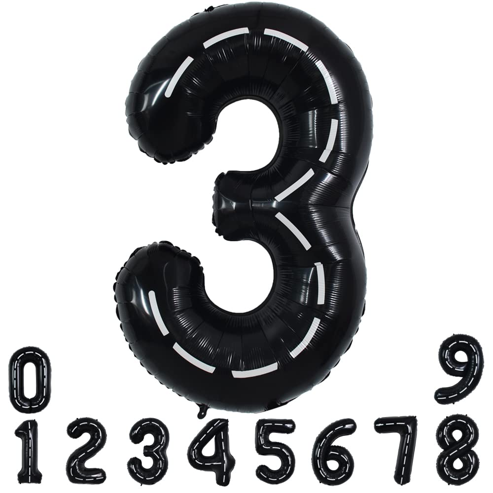 TONIFUL Race Car Black Balloons Car Birthday Party Supplies,40 Inch Giant Jumbo Helium Foil Mylar Big Number 3 Digital Three Balloons for Boys Monster Truck Jam Car Theme Party Decorations