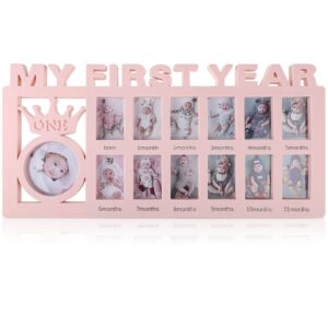 newborn baby picture frame my first year frame baby photo frame 12 month baby keepsake frames monthly milestone desktop picture frame for photo memories baby 1st birthday mothers day gift (pink)