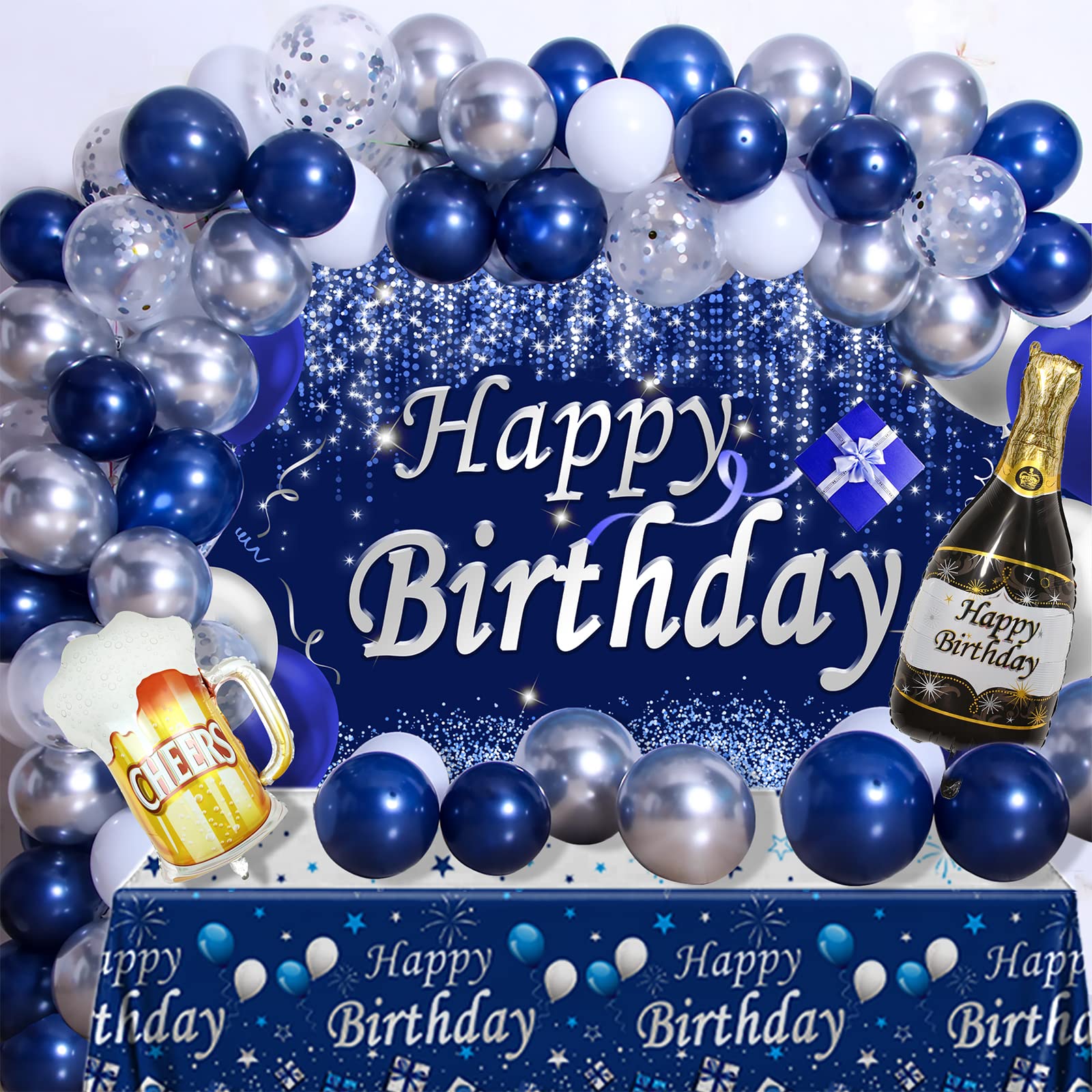 Navy Blue Birthday Decorations, Happy Birthday Decorations for Men Women- Blue Photography Backdrop & Tablecloth Balloons Arch Kit Banner Birthday Party Supplies Beer Bday Decor with Table Cover