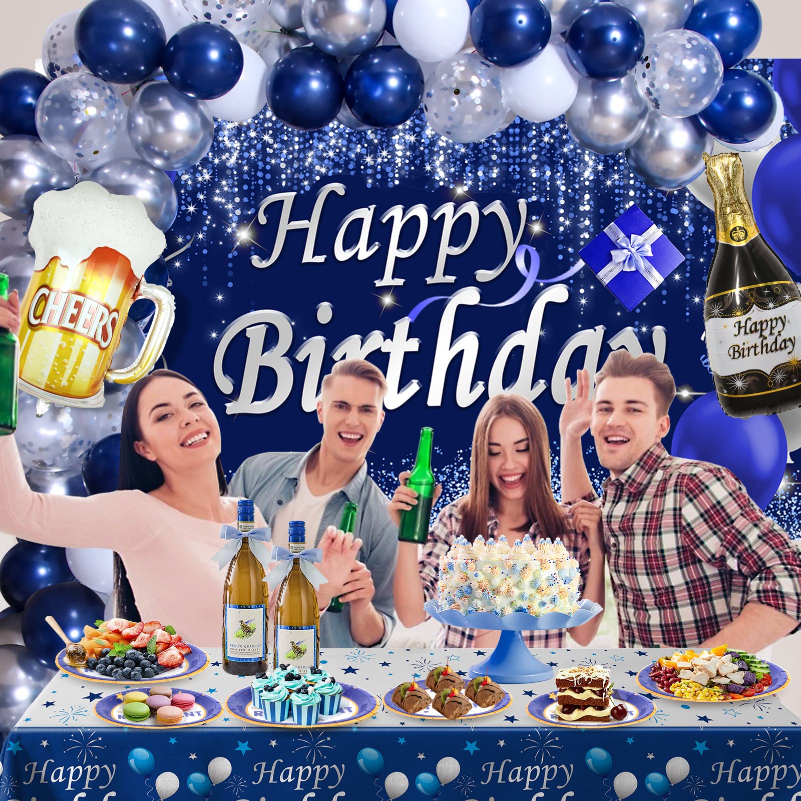 Navy Blue Birthday Decorations, Happy Birthday Decorations for Men Women- Blue Photography Backdrop & Tablecloth Balloons Arch Kit Banner Birthday Party Supplies Beer Bday Decor with Table Cover