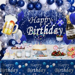 Navy Blue Birthday Decorations, Happy Birthday Decorations for Men Women- Blue Photography Backdrop & Tablecloth Balloons Arch Kit Banner Birthday Party Supplies Beer Bday Decor with Table Cover