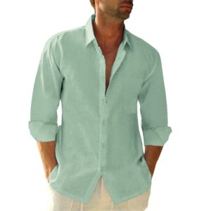 jekaoyi button down linen shirts for men casual long sleeve regular fit cotton beach shirts with pocket mint green