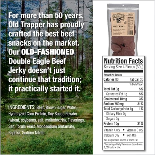 Old Trapper Double Eagle Beef Jerky, Old-Fashioned Flavor, 21oz. 80-Count Package, Delicious Jerky Snacks, 10 Grams of Protein and 80 Calories per Serving (Pack of One)