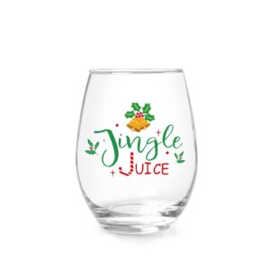 jingle juice christmas wine glass, 15 oz christmas stemless wine glass for friends women men, new year gift idea for christmas wedding party