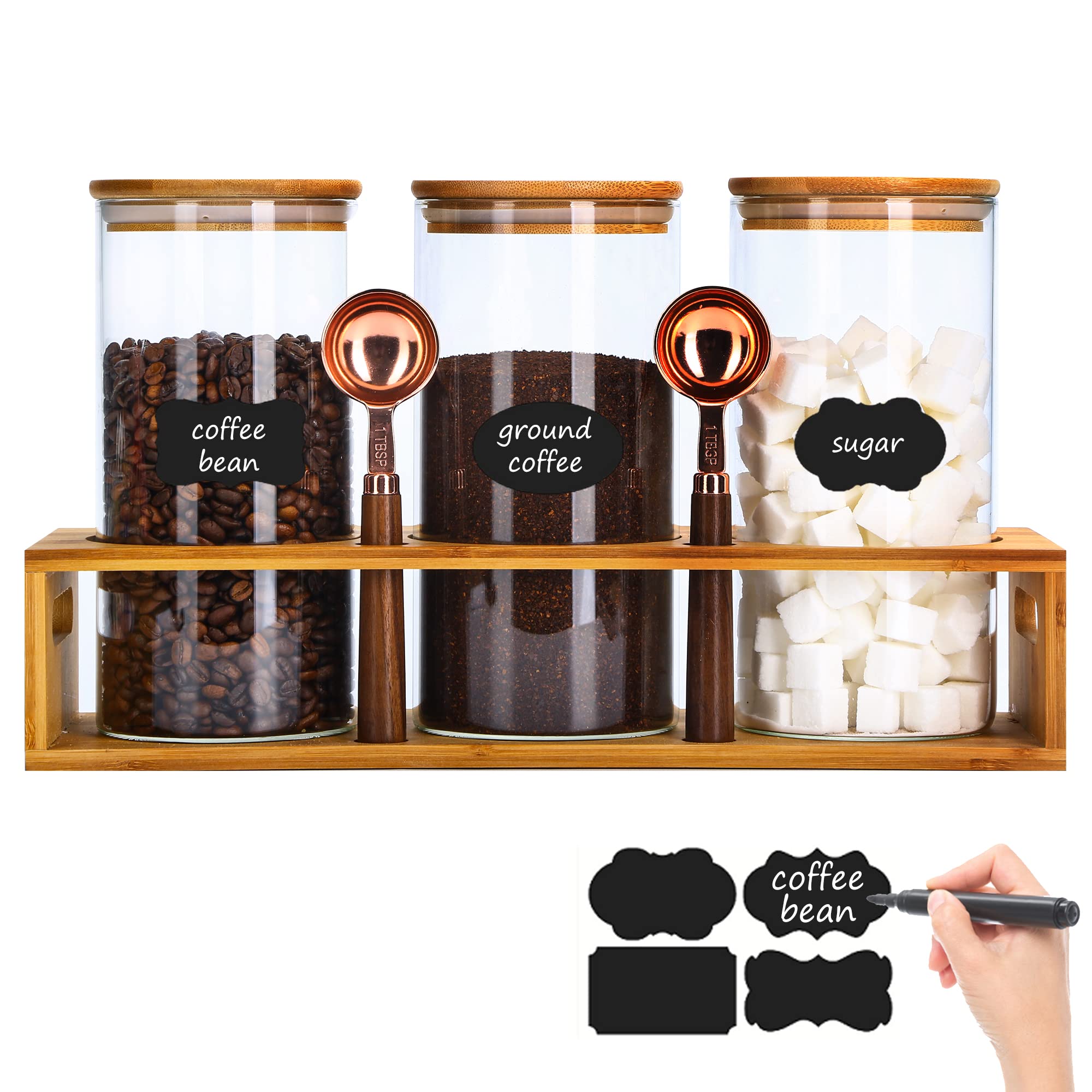 ZOMUIA Glass Coffee Containers Airtight Coffee Bean Storage Jars with Shelf, 3Pcs 44oz Coffee Station Organizer Coffee Canisters, Kitchen Food Storage Jars for Coffee, Sugar, Candy, Oats, Nuts