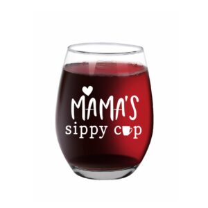 mama's sippy cup, funny stemless wine glass, 15oz wine glass mothers day christmas birthday gifts for mom, wife, mom to be, new mom, pregnant mom from daughter, son