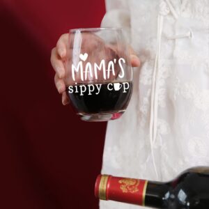 Mama's Sippy Cup, Funny Stemless Wine Glass, 15oz Wine Glass Mothers Day Christmas Birthday Gifts for Mom, Wife, Mom To Be, New Mom, Pregnant Mom from Daughter, Son