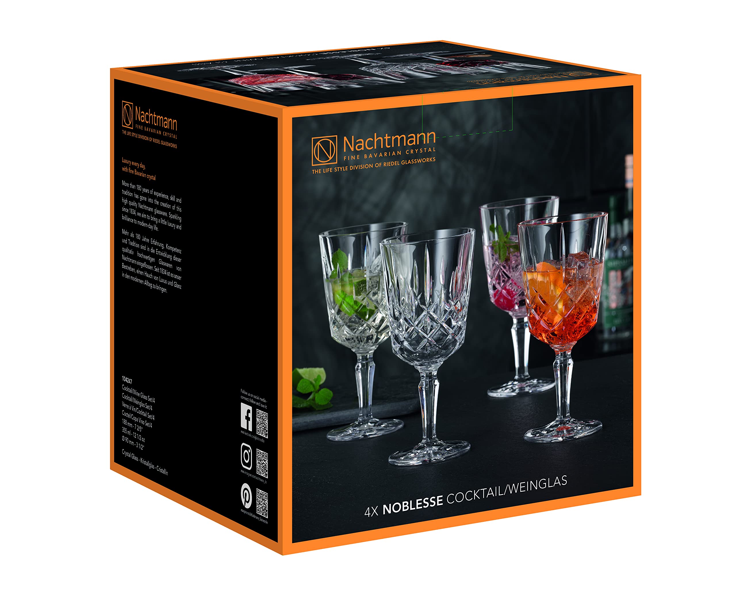 Nachtmann Noblesse Collection 7.4” Cocktail and Wine Glasses, Made of Fine Crystal Glass, White or Red Wine Glasses, 12.5-Ounces, Dishwasher Safe, Set of 4