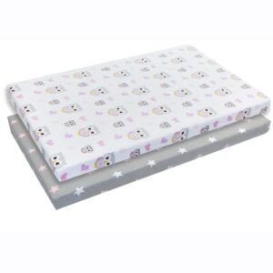2 pack n play mattress sheets – 100% jersey knit cotton soft portable crib mattress sheets for girls with pink and purple owl and pink star designs; 2 pk playpen mattress or mini crib fitted sheet set
