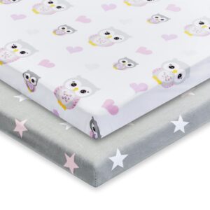 2 Pack n Play Mattress Sheets – 100% Jersey Knit Cotton Soft Portable Crib Mattress Sheets for Girls with Pink and Purple Owl and Pink Star Designs; 2 Pk Playpen Mattress or Mini Crib Fitted Sheet Set