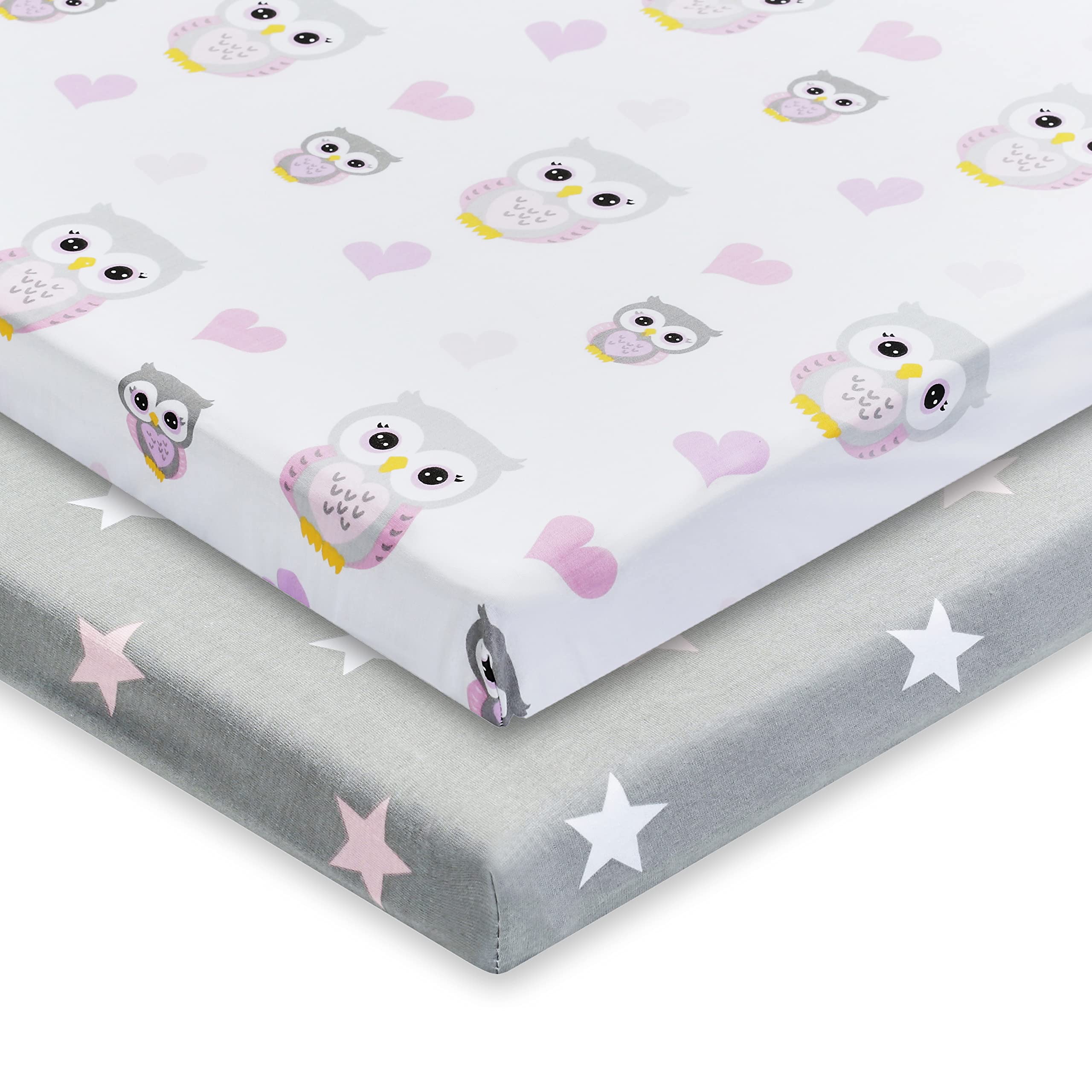 2 Pack n Play Mattress Sheets – 100% Jersey Knit Cotton Soft Portable Crib Mattress Sheets for Girls with Pink and Purple Owl and Pink Star Designs; 2 Pk Playpen Mattress or Mini Crib Fitted Sheet Set