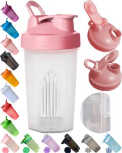 a small clear shaker bottle w. pink lid,12oz/400ml measurement marks & stainless whisk blender mixer,bpa free,made of pp5,-4~248 °f,perfect for nutrition/protein/keto/juice powder shaking (1yq5y)