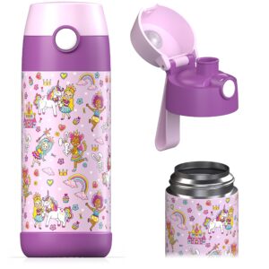 jarlson® kids water bottle - mali - insulated stainless steel water bottle with chug lid - thermos - girls/boys (princess 'mosaic', 12 oz)