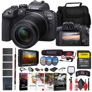 canon eos r10 mirrorless camera with 18-150mm lens (5331c016) + 4k monitor + rode videomic + sony 64gb tough sd card + filter kit + wide angle lens + telephoto lens + color filter kit + more (renewed)