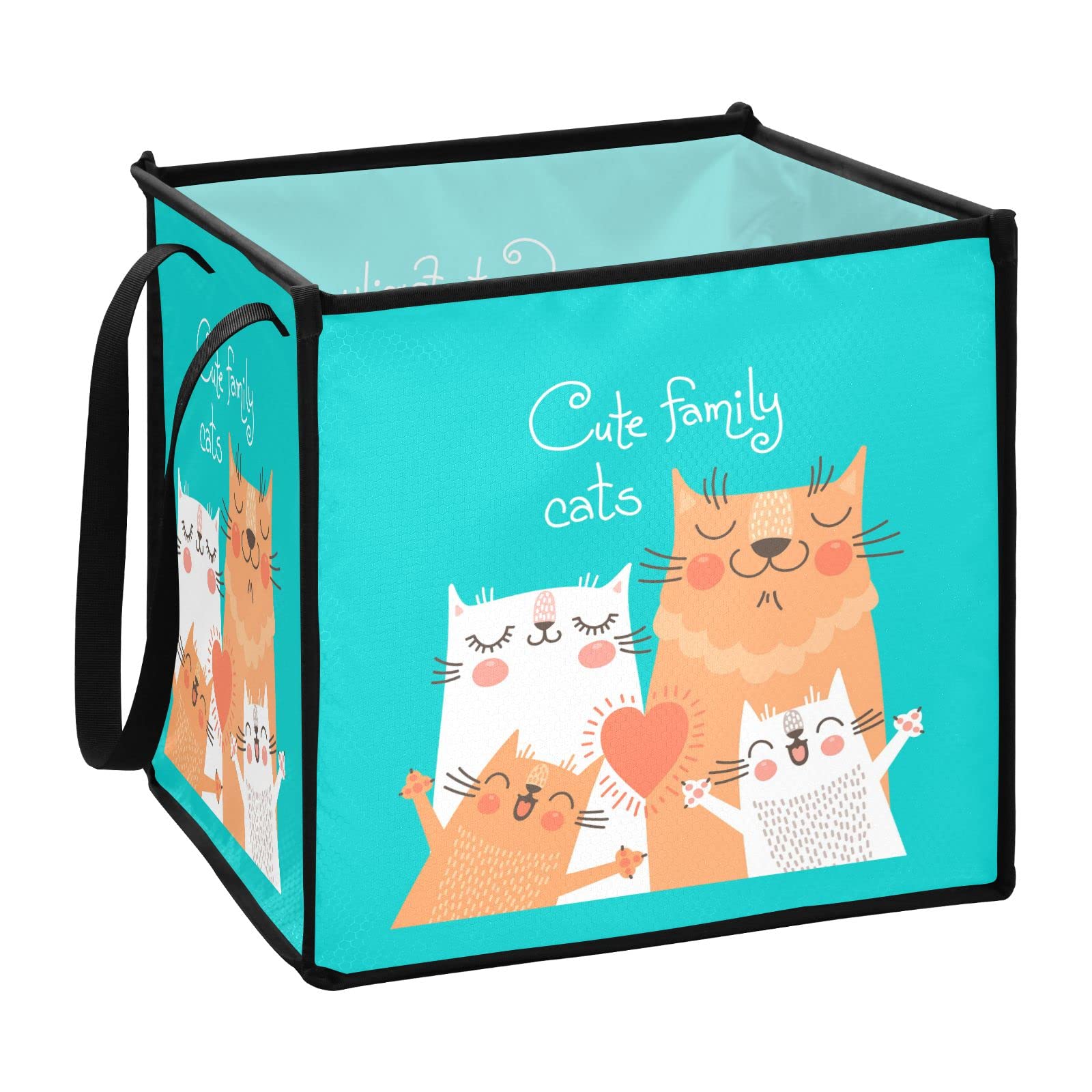 Poeticcity Cute Cats Family Parents and Children in Orange White on Turquoise Square Storage Basket Bin, Collapsible Storage Box, Baskets Organizer for Toy, Clothes Easy to Assemble 10.6x10.6x10.6 in