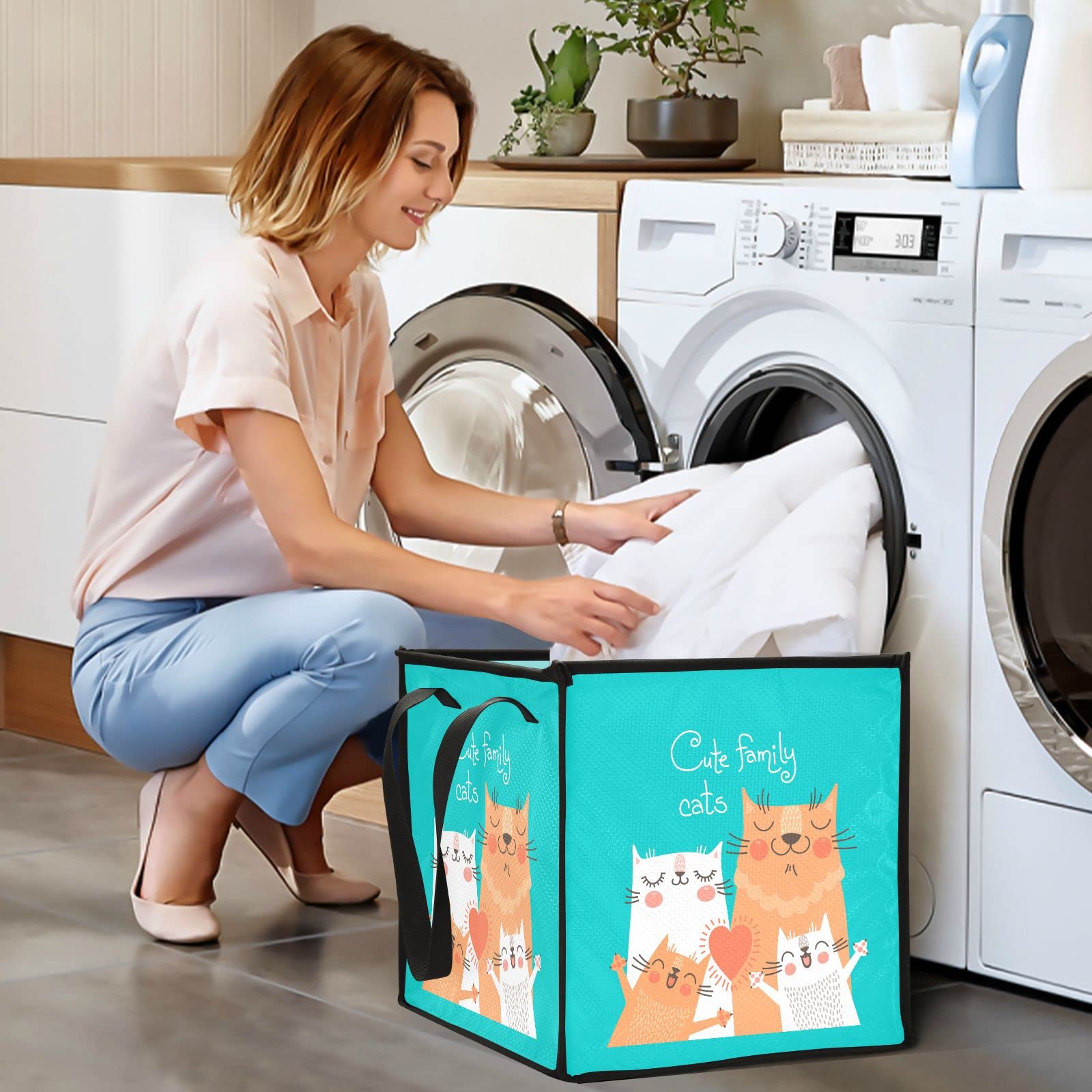 Poeticcity Cute Cats Family Parents and Children in Orange White on Turquoise Square Storage Basket Bin, Collapsible Storage Box, Baskets Organizer for Toy, Clothes Easy to Assemble 10.6x10.6x10.6 in