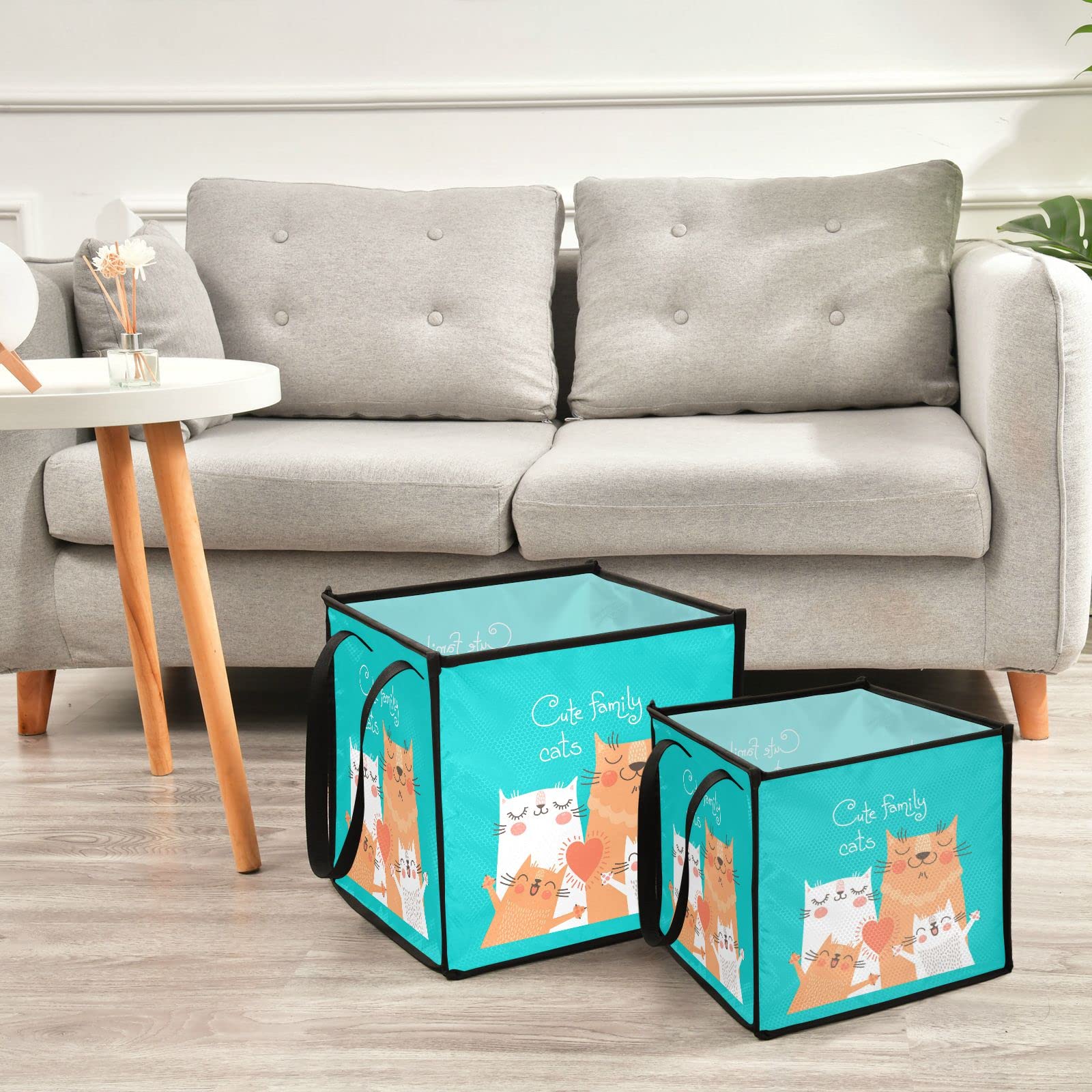 Poeticcity Cute Cats Family Parents and Children in Orange White on Turquoise Square Storage Basket Bin, Collapsible Storage Box, Baskets Organizer for Toy, Clothes Easy to Assemble 10.6x10.6x10.6 in
