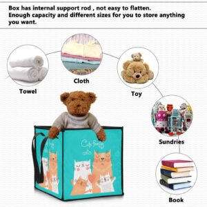 Poeticcity Cute Cats Family Parents and Children in Orange White on Turquoise Square Storage Basket Bin, Collapsible Storage Box, Baskets Organizer for Toy, Clothes Easy to Assemble 10.6x10.6x10.6 in