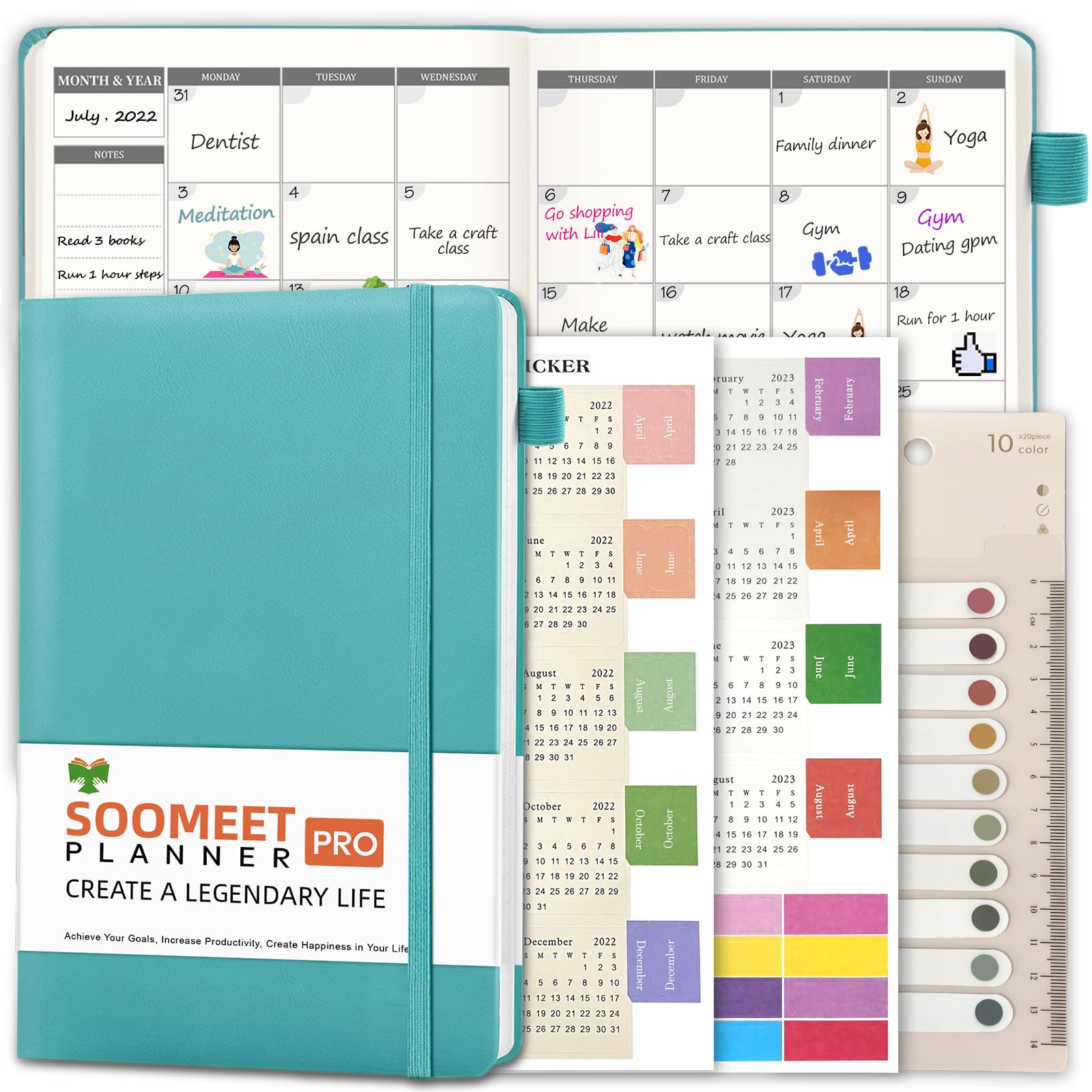 Soomeet Planner, Undated Weekly Planner, Goal Planner, Calendar Stickers, Faux Leather Cover, Time Management Manual and Planner, A5 Hardcover with Ruler, 200 Pages, Lake Blue
