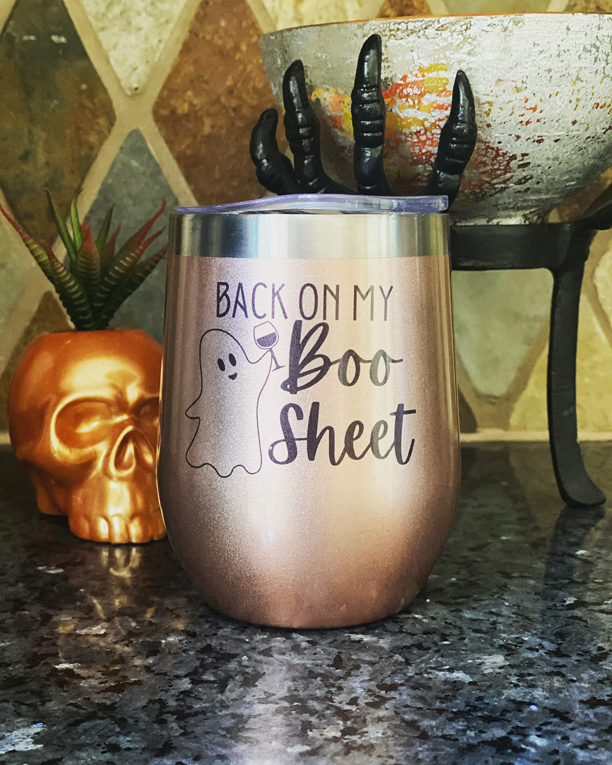 Back on my boo sheet wine tumbler. Stainless steel rose gold wine tumbler. Sublimation tumbler. Dishwasher safe. Halloween tumbler. Fall wine. Steel Straw included!