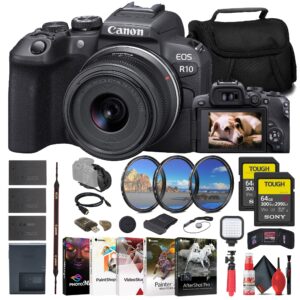 canon eos r10 mirrorless camera with 18-45mm lens (5331c009) + 2 x sony 64gb tough sd card + filter kit + bag + 2 x lpe17 battery + card reader + led light + corel photo software + more (renewed)