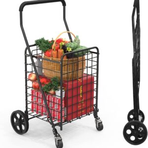 Kiffler Grocery Shopping Cart with 360° Rolling Swivel Wheels Utility Cart Easily Collapsible Cart 66lb Extended Foam Cover, Trolley for Laundry,Groceries,Travel Black (Medium)