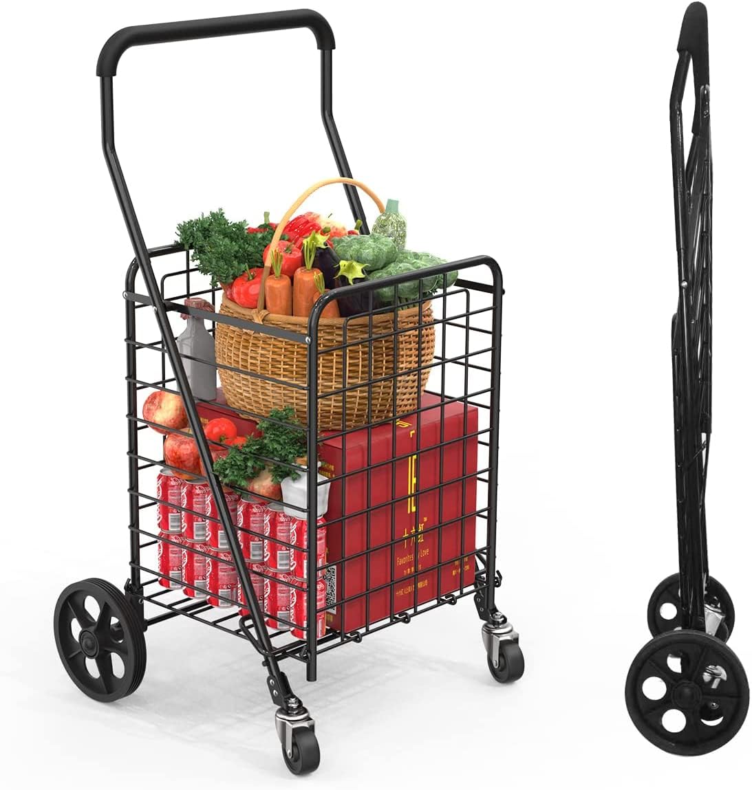 Kiffler Grocery Shopping Cart with 360° Rolling Swivel Wheels Utility Cart Easily Collapsible Cart 66lb Extended Foam Cover, Trolley for Laundry,Groceries,Travel Black (Medium)