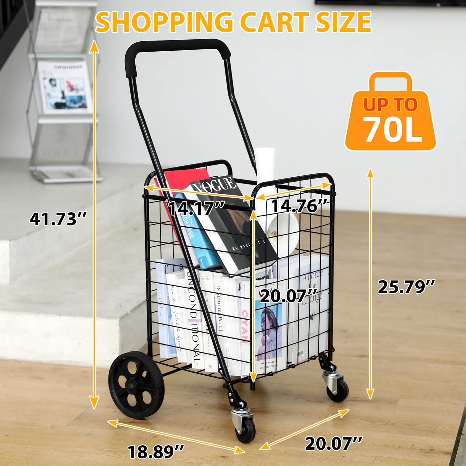 Kiffler Grocery Shopping Cart with 360° Rolling Swivel Wheels Utility Cart Easily Collapsible Cart 66lb Extended Foam Cover, Trolley for Laundry,Groceries,Travel Black (Medium)