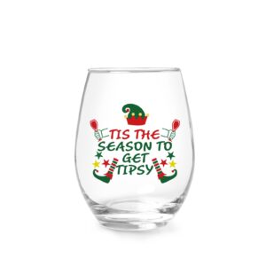 tis the season to get tipsy christmas stemless wine glass, christmas gift wine glass for friends dad mom women men family christmas holiday wedding, 15 oz