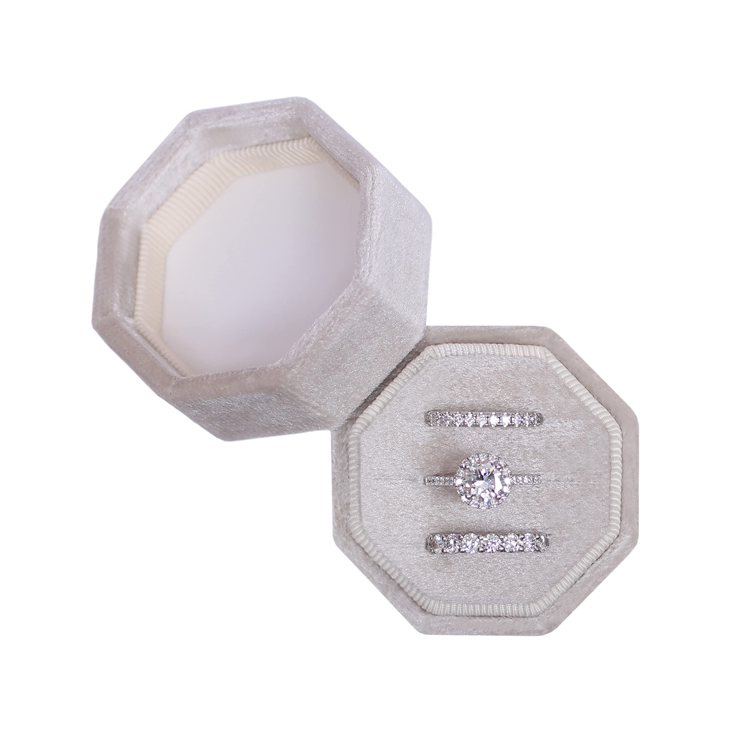 BLUTETE Velvet 3 Slots Jewelry Ring Box Engagement Wedding Box Keepsake Box Bridal Photo Ring Triple Slots Octagon (Champagne)