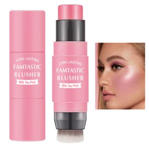 waterproof multi cream blush stick with brush,lightweight,long-lasting,easy to use,2 in 1 multi stick blush for cheeks & lip tint & eyeshadow makeup,suitable for all skin (#01 milk tea pink)