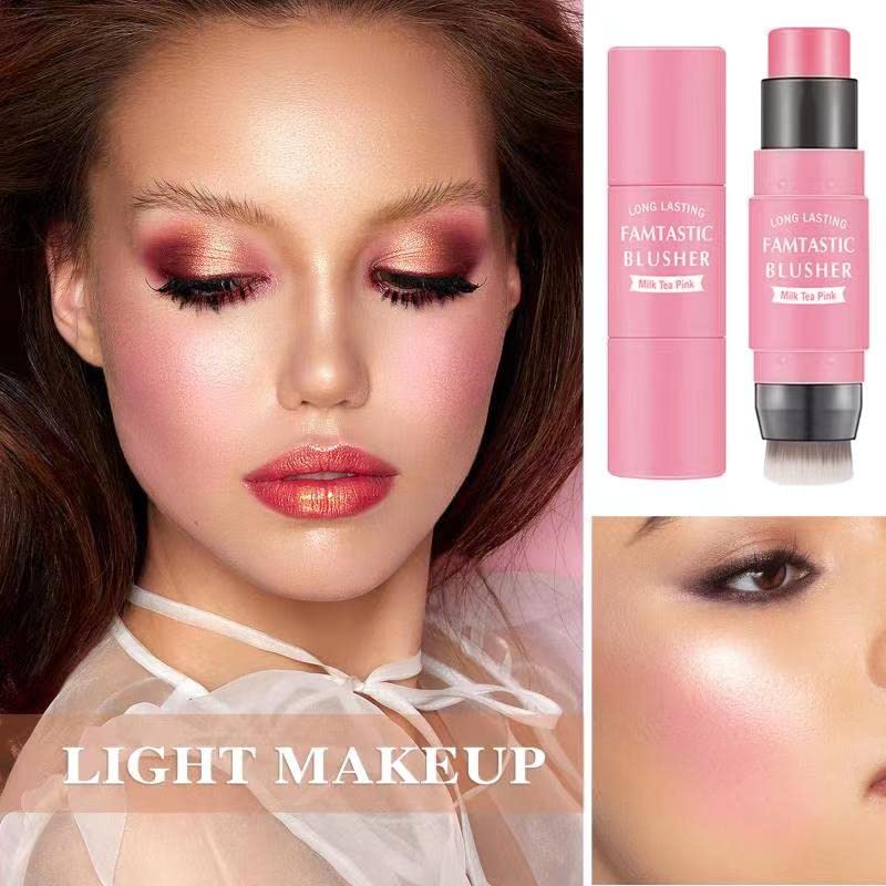 Waterproof Multi Cream Blush Stick with brush,Lightweight,Long-lasting,Easy To Use,2 in 1 Multi Stick Blush for Cheeks & Lip Tint & Eyeshadow Makeup,Suitable for All Skin (#01 Milk Tea Pink)