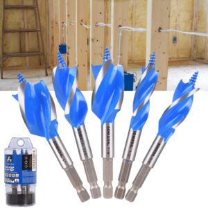 somada auger drill bit set for wood, 5-piece, 1/2", 5/8", 3/4", 7/8" and 1" inch size, 4-inch long with storage case, impact wood auger set with quick change