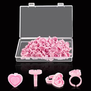 100pcs disposable glue rings for eyelash extensions - heart-shaped lash fan blossom supplies with storage box - perfect for professional beauty salons and individual lash techs - pink