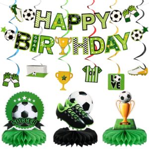 16 pcs soccer birthday party decorations soccer party supplies include soccer happy birthday banner, paper cutouts, honeycomb centerpiece, soccer hanging swirl for boys kids sports football parties