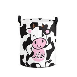 black lovely cow print laundry hamper personalized with name canvas waterproof storage bin with handle for kids nursery hamper gift baskets home organizer