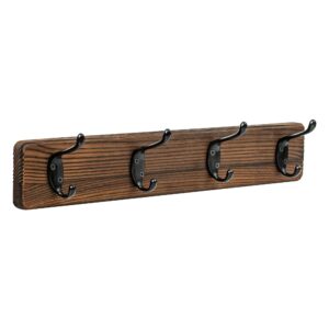 nicqliear wall mounted coat rack - metal coat hooks hanger with pine solid wood board, 4 black literary rustic hooks rail wall mount for hanging coats, clothes, bags, hat, towel