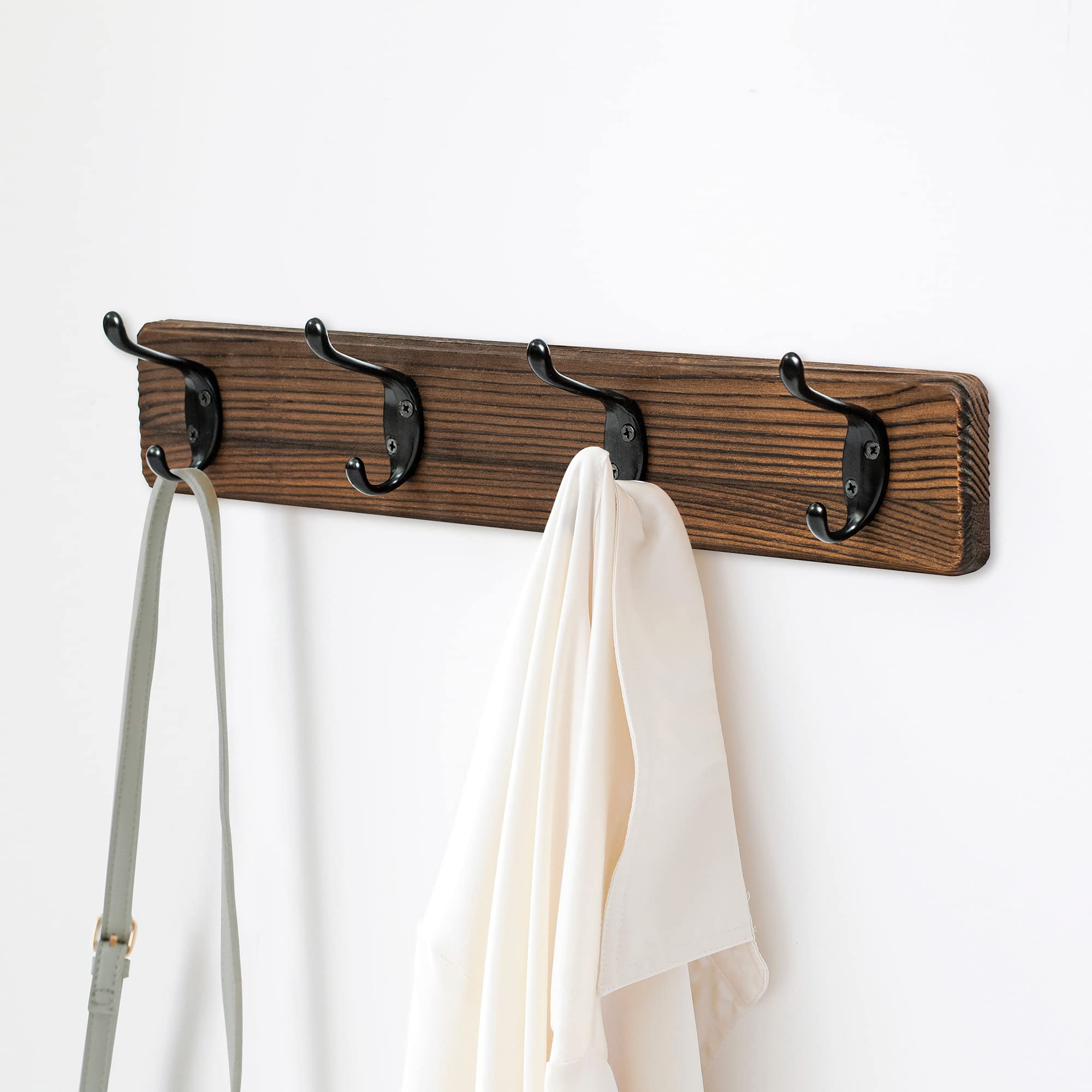 NicQliear Wall Mounted Coat Rack - Metal Coat Hooks Hanger with Pine Solid Wood Board, 4 Black Literary Rustic Hooks Rail Wall Mount for Hanging Coats, Clothes, Bags, Hat, Towel